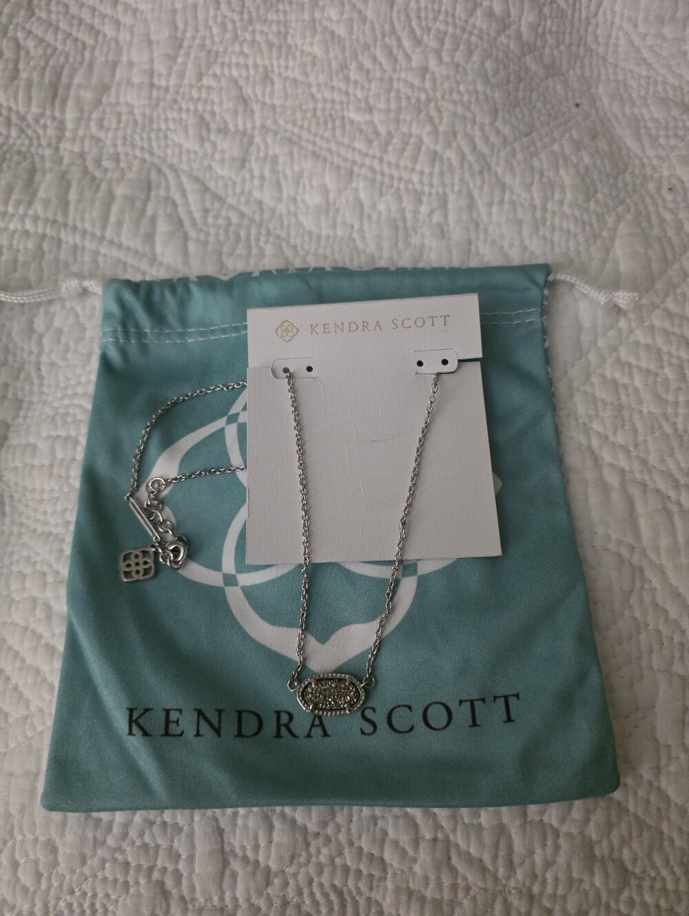Kendra Scott Silver Crystal Oval Pendant Necklace - Teal Pouch